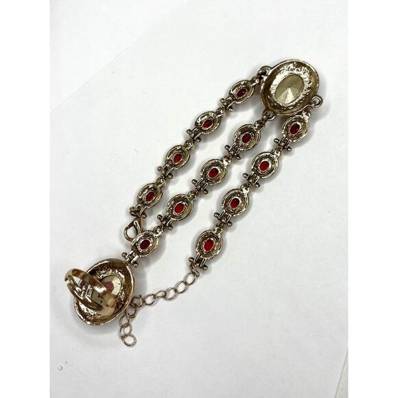 NEW Hand Bracelet Ring Red Rhinestone Gold Tone Unique Fashion Jewelry set m - Picture 6 of 10